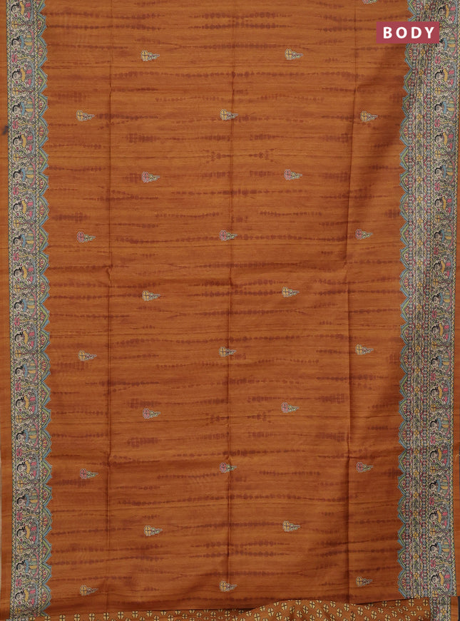 Semi tussar saree mustard yellow and beige with tie & dye prints and madhubani printed pallu