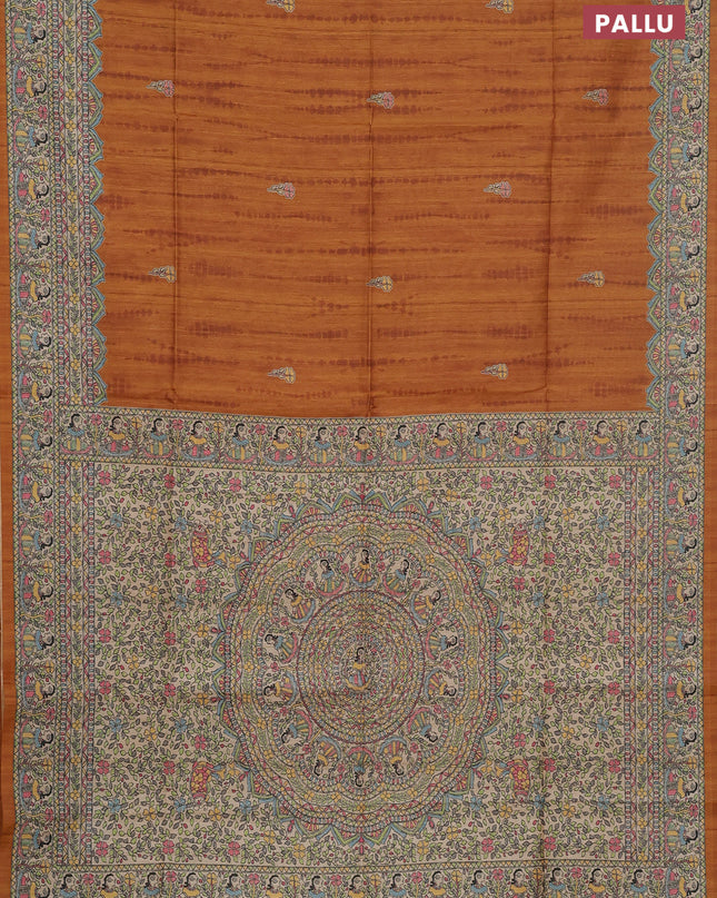 Semi tussar saree mustard yellow and beige with tie & dye prints and madhubani printed pallu