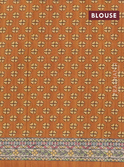 Semi tussar saree mustard yellow and beige with tie & dye prints and madhubani printed pallu