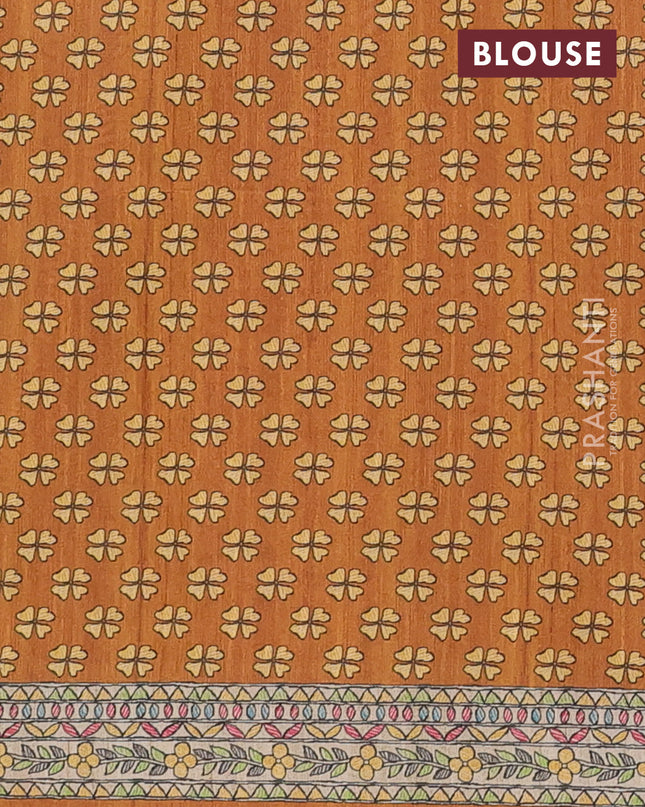Semi tussar saree mustard yellow and beige with tie & dye prints and madhubani printed pallu