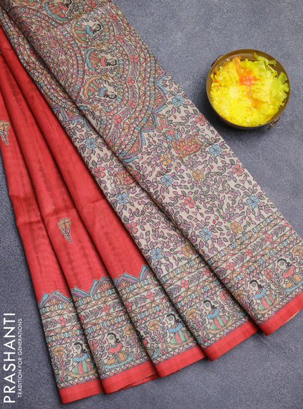 Semi tussar saree red and beige with tie & dye prints and madhubani printed pallu