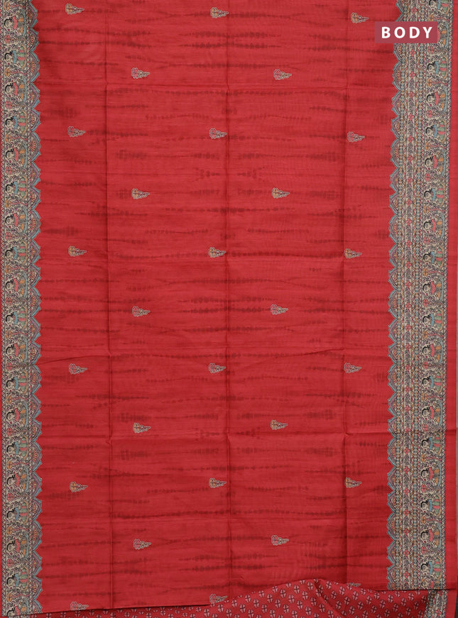 Semi tussar saree red and beige with tie & dye prints and madhubani printed pallu