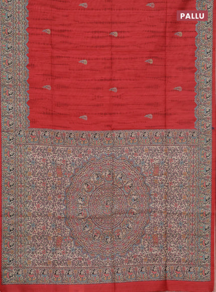 Semi tussar saree red and beige with tie & dye prints and madhubani printed pallu