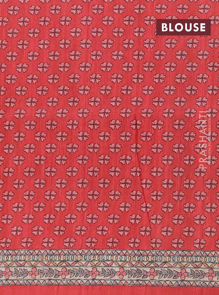 Semi tussar saree red and beige with tie & dye prints and madhubani printed pallu