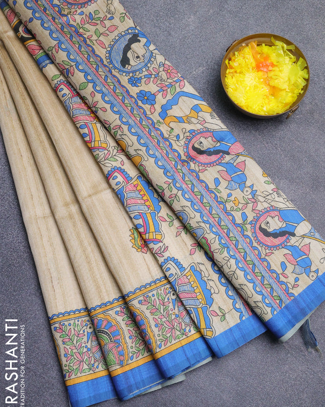Semi tussar saree cream and blue with butta prints and madhubani printed pallu
