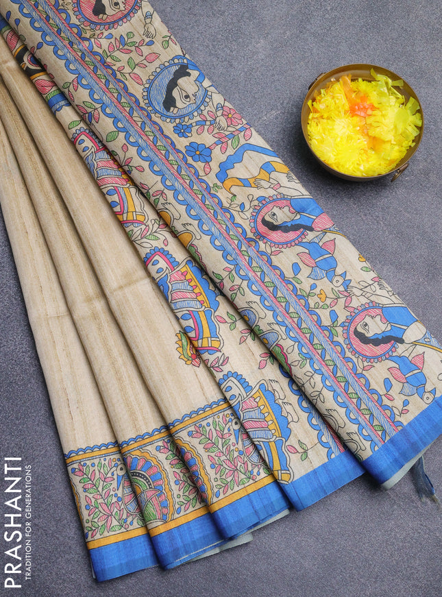 Semi tussar saree cream and blue with butta prints and madhubani printed pallu