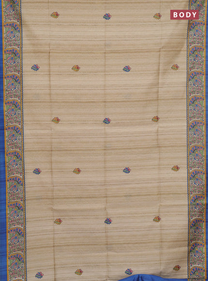 Semi tussar saree cream and blue with butta prints and madhubani printed pallu
