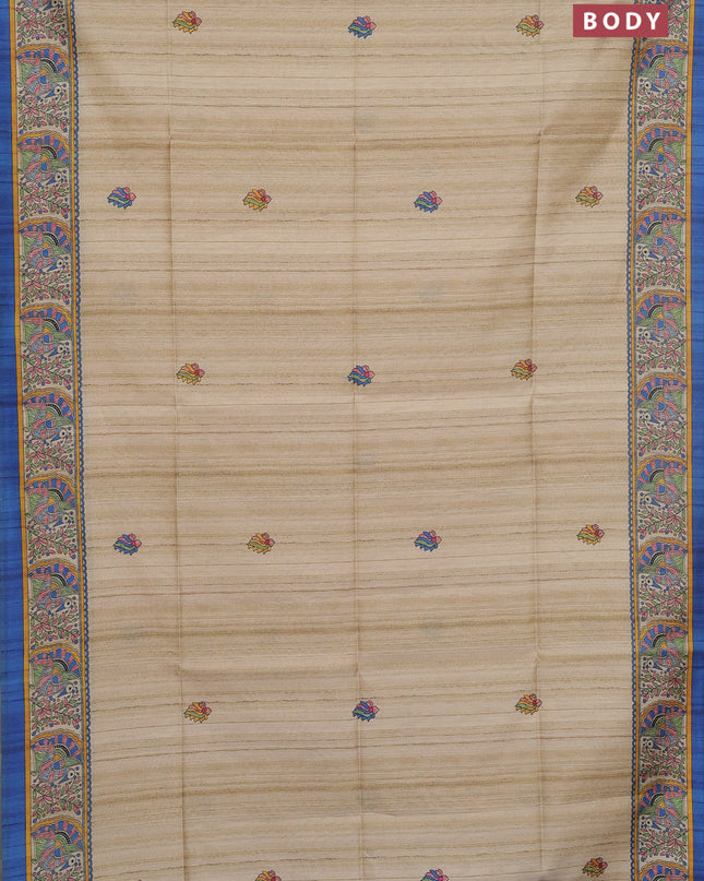 Semi tussar saree cream and blue with butta prints and madhubani printed pallu