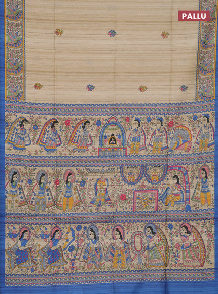 Semi tussar saree cream and blue with butta prints and madhubani printed pallu