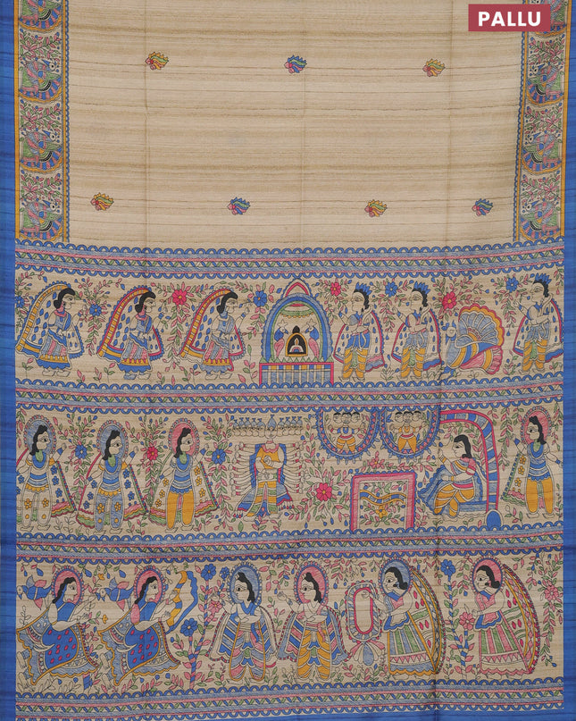 Semi tussar saree cream and blue with butta prints and madhubani printed pallu