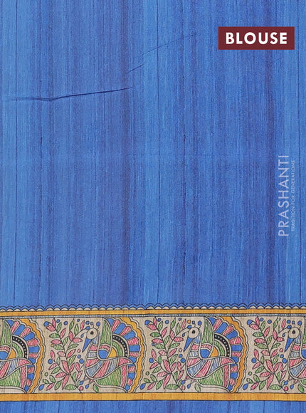 Semi tussar saree cream and blue with butta prints and madhubani printed pallu