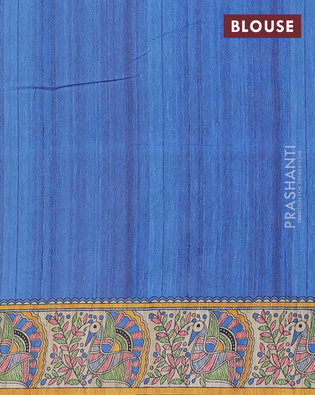Semi tussar saree cream and blue with butta prints and madhubani printed pallu