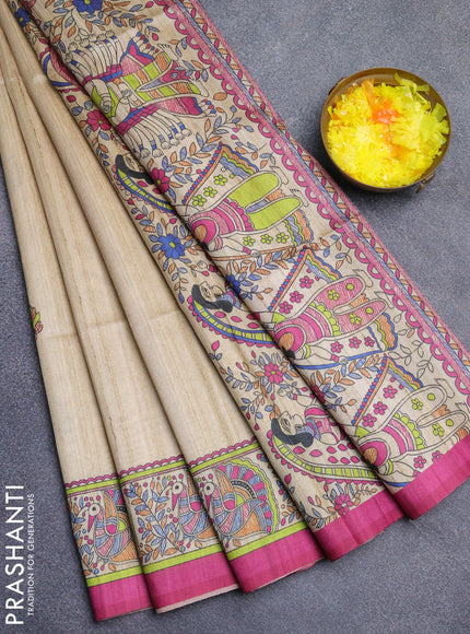 Semi tussar saree cream and magenta pink with butta prints and madhubani printed pallu