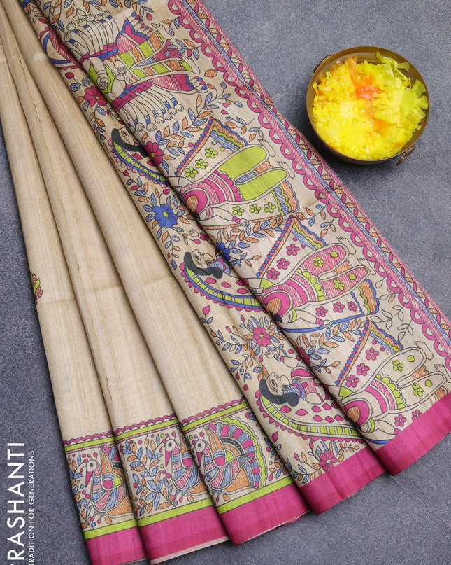 Semi tussar saree cream and magenta pink with butta prints and madhubani printed pallu