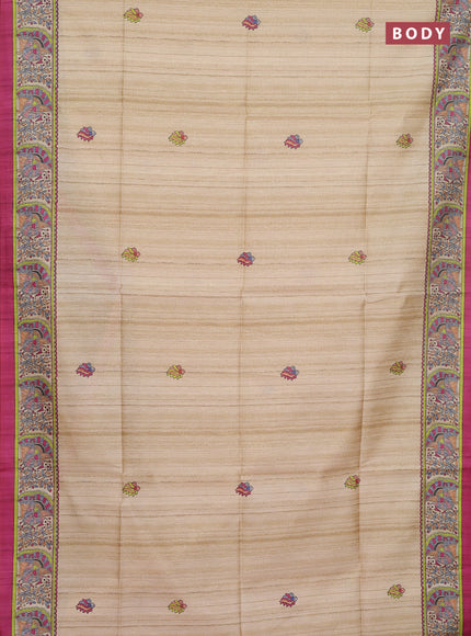 Semi tussar saree cream and magenta pink with butta prints and madhubani printed pallu