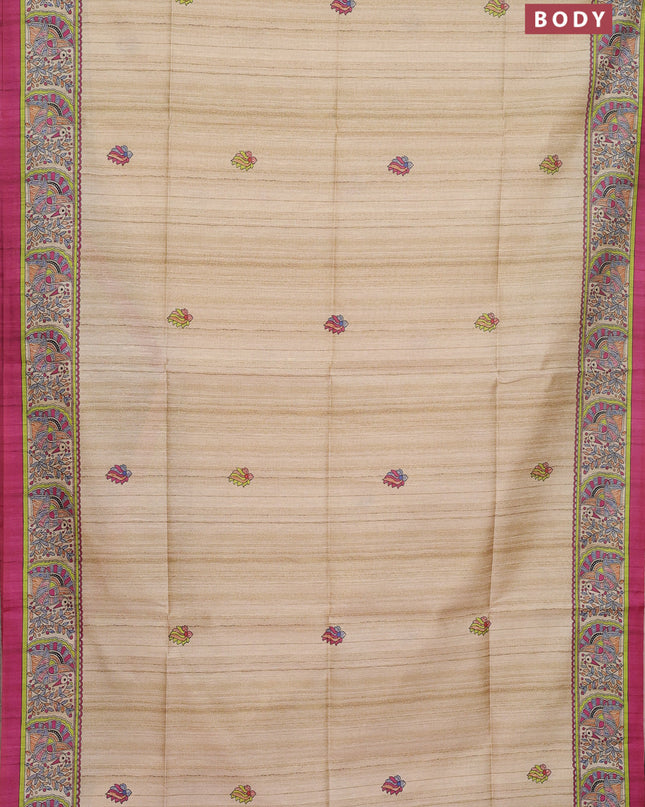 Semi tussar saree cream and magenta pink with butta prints and madhubani printed pallu