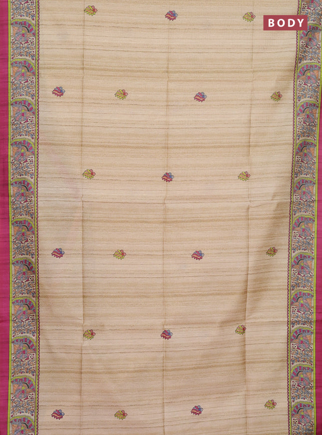 Semi tussar saree cream and magenta pink with butta prints and madhubani printed pallu