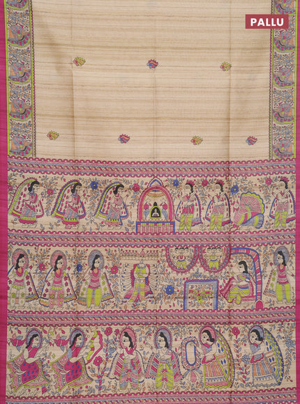 Semi tussar saree cream and magenta pink with butta prints and madhubani printed pallu