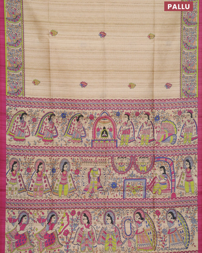 Semi tussar saree cream and magenta pink with butta prints and madhubani printed pallu