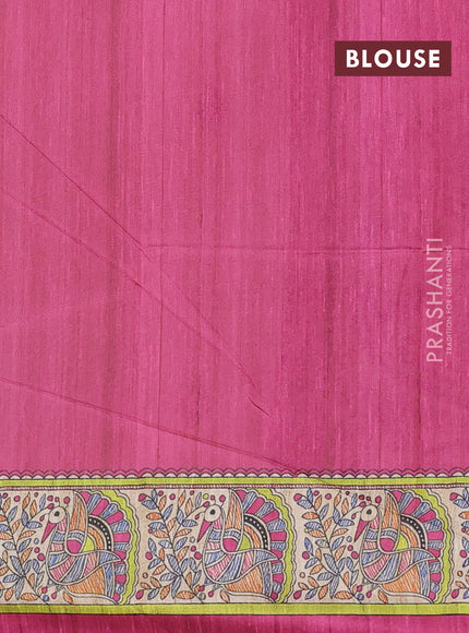 Semi tussar saree cream and magenta pink with butta prints and madhubani printed pallu