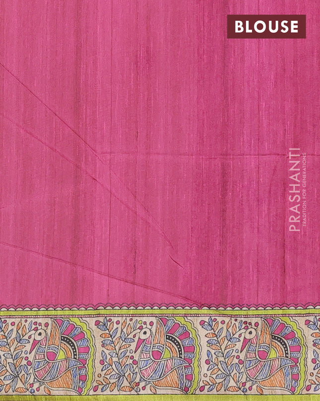 Semi tussar saree cream and magenta pink with butta prints and madhubani printed pallu
