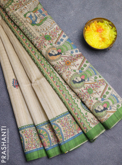 Semi tussar saree cream and mehendi green with butta prints and madhubani printed pallu