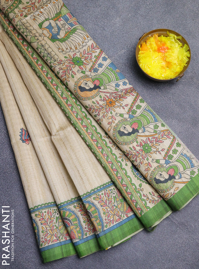 Semi tussar saree cream and mehendi green with butta prints and madhubani printed pallu