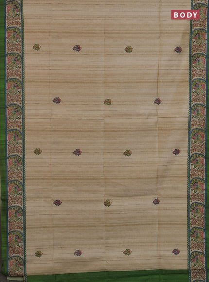 Semi tussar saree cream and mehendi green with butta prints and madhubani printed pallu