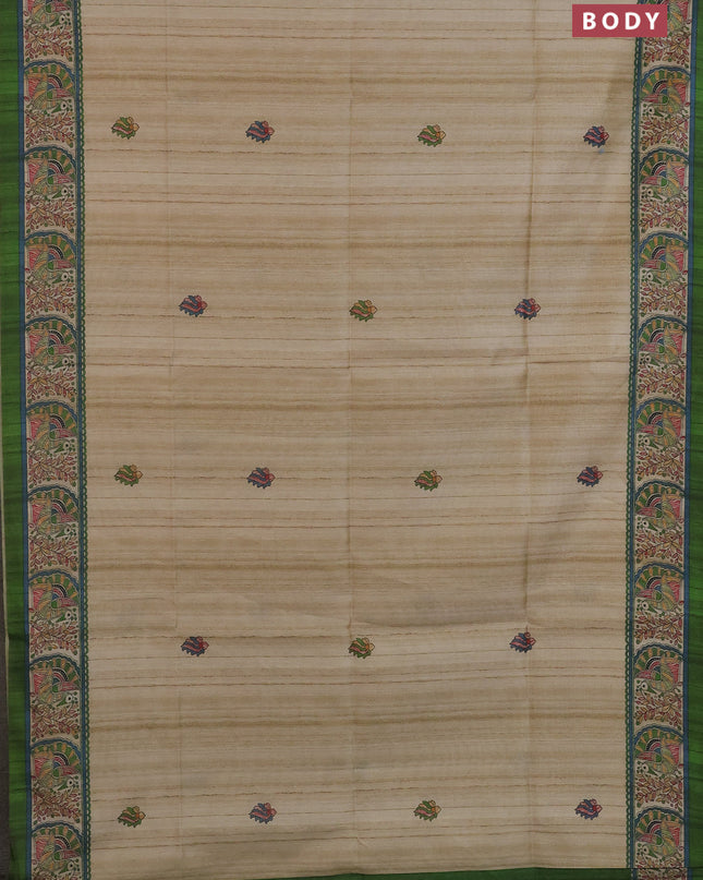Semi tussar saree cream and mehendi green with butta prints and madhubani printed pallu
