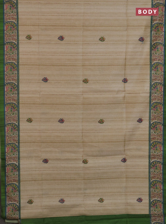 Semi tussar saree cream and mehendi green with butta prints and madhubani printed pallu