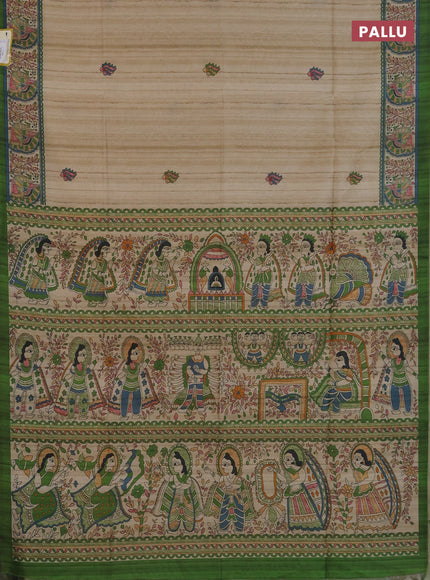 Semi tussar saree cream and mehendi green with butta prints and madhubani printed pallu