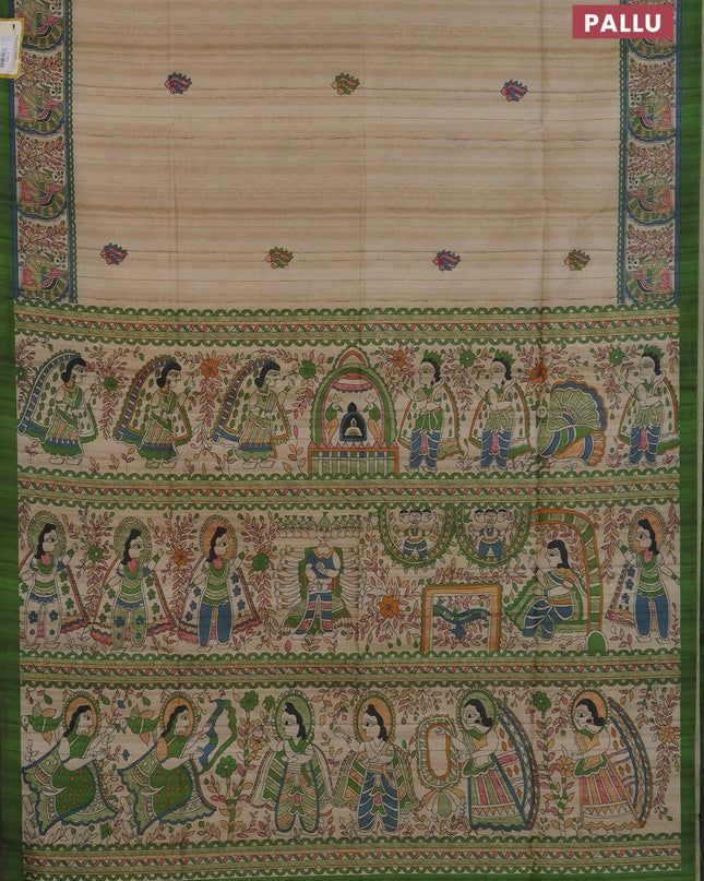 Semi tussar saree cream and mehendi green with butta prints and madhubani printed pallu