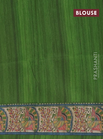 Semi tussar saree cream and mehendi green with butta prints and madhubani printed pallu