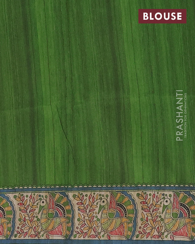 Semi tussar saree cream and mehendi green with butta prints and madhubani printed pallu