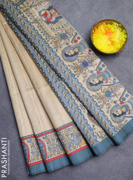 Semi tussar saree cream and grey with butta prints and madhubani printed pallu