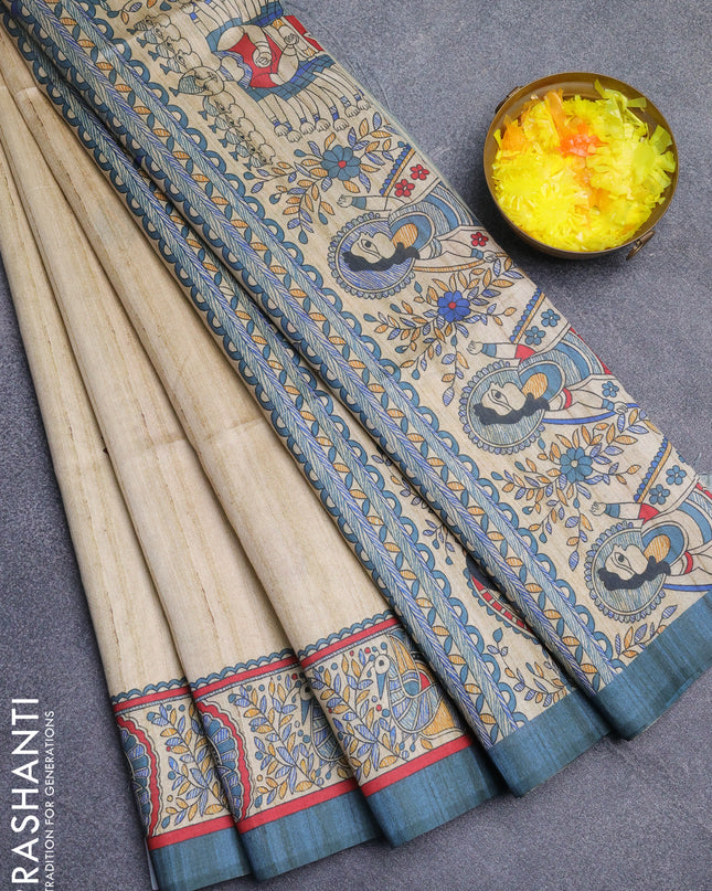 Semi tussar saree cream and grey with butta prints and madhubani printed pallu