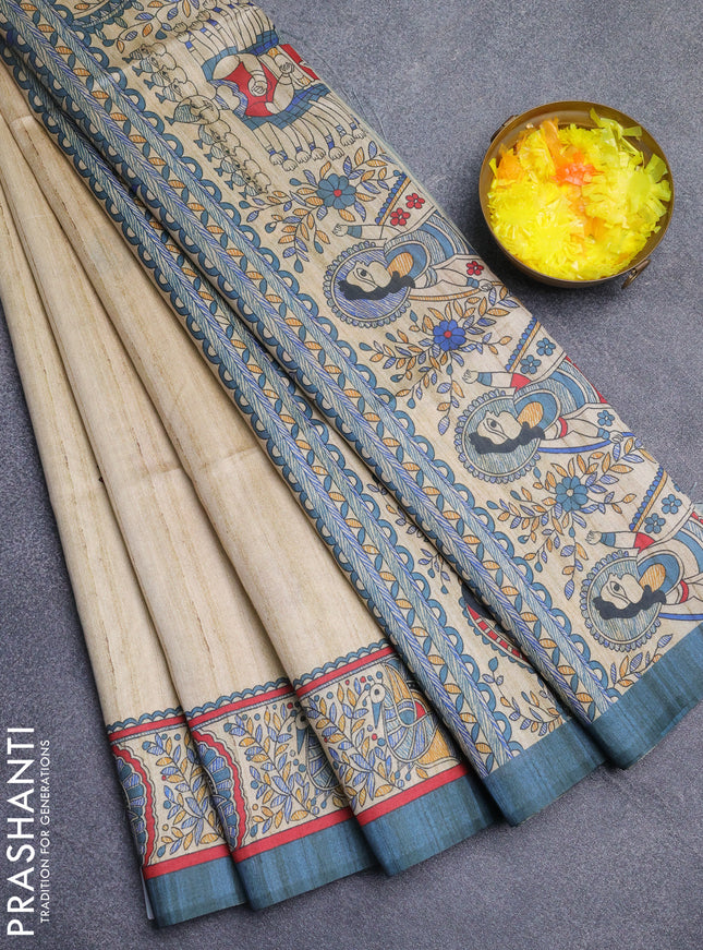 Semi tussar saree cream and grey with butta prints and madhubani printed pallu