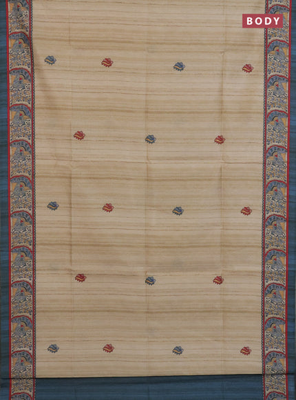 Semi tussar saree cream and grey with butta prints and madhubani printed pallu