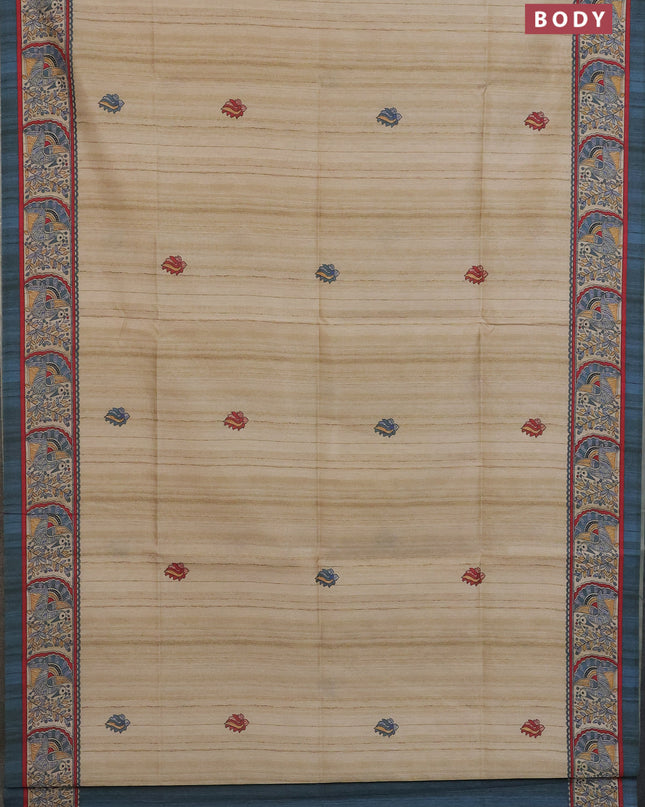 Semi tussar saree cream and grey with butta prints and madhubani printed pallu