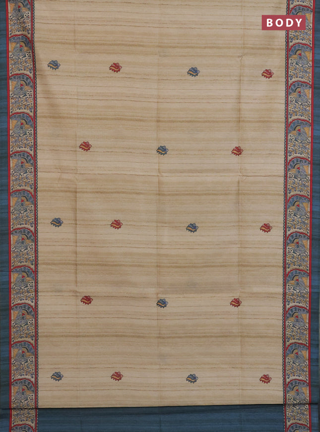 Semi tussar saree cream and grey with butta prints and madhubani printed pallu