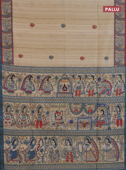 Semi tussar saree cream and grey with butta prints and madhubani printed pallu