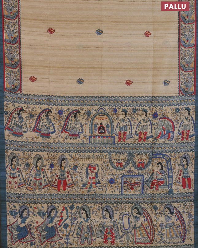 Semi tussar saree cream and grey with butta prints and madhubani printed pallu