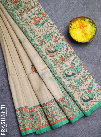 Semi tussar saree cream and light green with butta prints and madhubani printed pallu