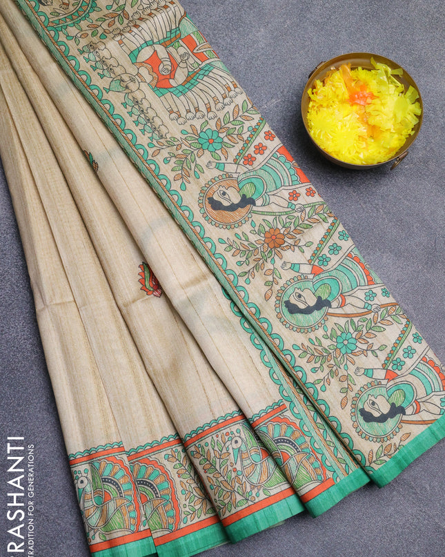 Semi tussar saree cream and light green with butta prints and madhubani printed pallu