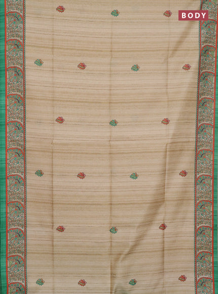 Semi tussar saree cream and light green with butta prints and madhubani printed pallu