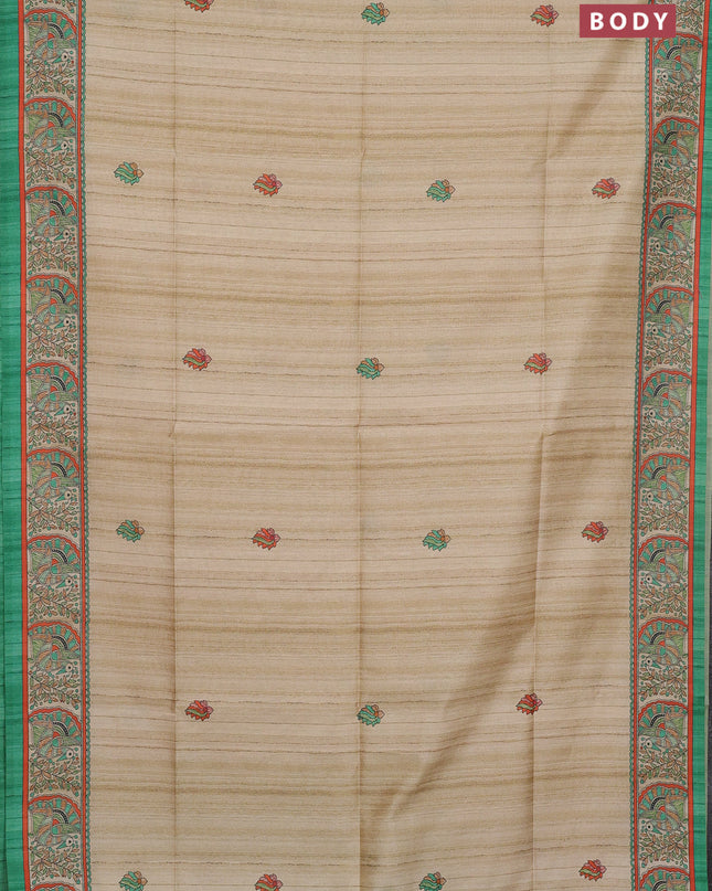 Semi tussar saree cream and light green with butta prints and madhubani printed pallu