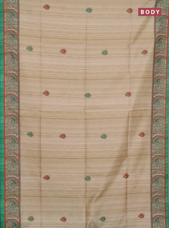 Semi tussar saree cream and light green with butta prints and madhubani printed pallu