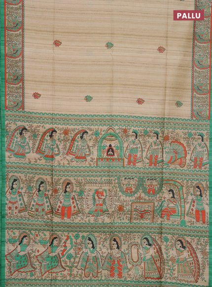 Semi tussar saree cream and light green with butta prints and madhubani printed pallu