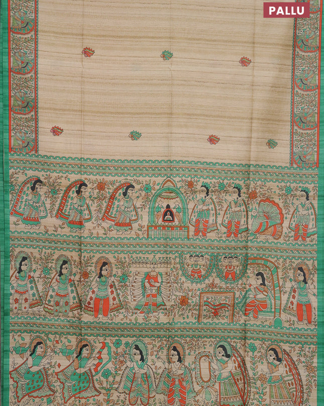 Semi tussar saree cream and light green with butta prints and madhubani printed pallu