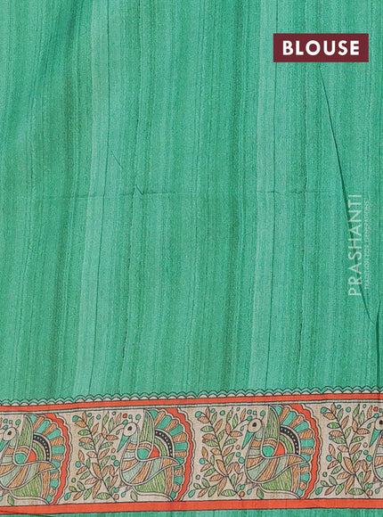 Semi tussar saree cream and light green with butta prints and madhubani printed pallu